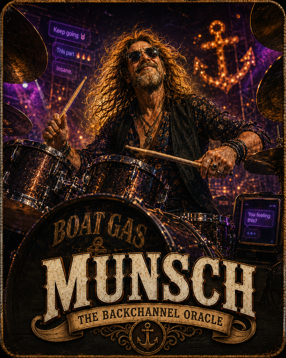 Munsch, the Backchannel Oracle, mid-drum-fill behind a massive kit with glowing text-message bubbles floating in the air.
