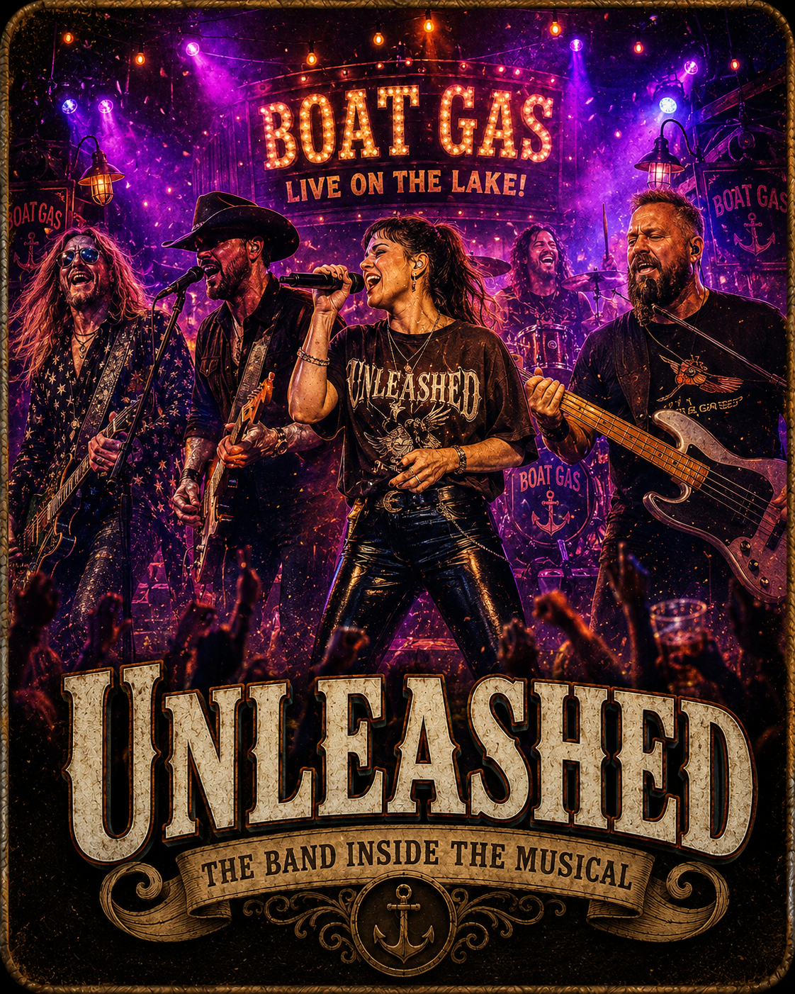 Unleashed — the band inside the musical — performing live on the lake under purple stage lights.