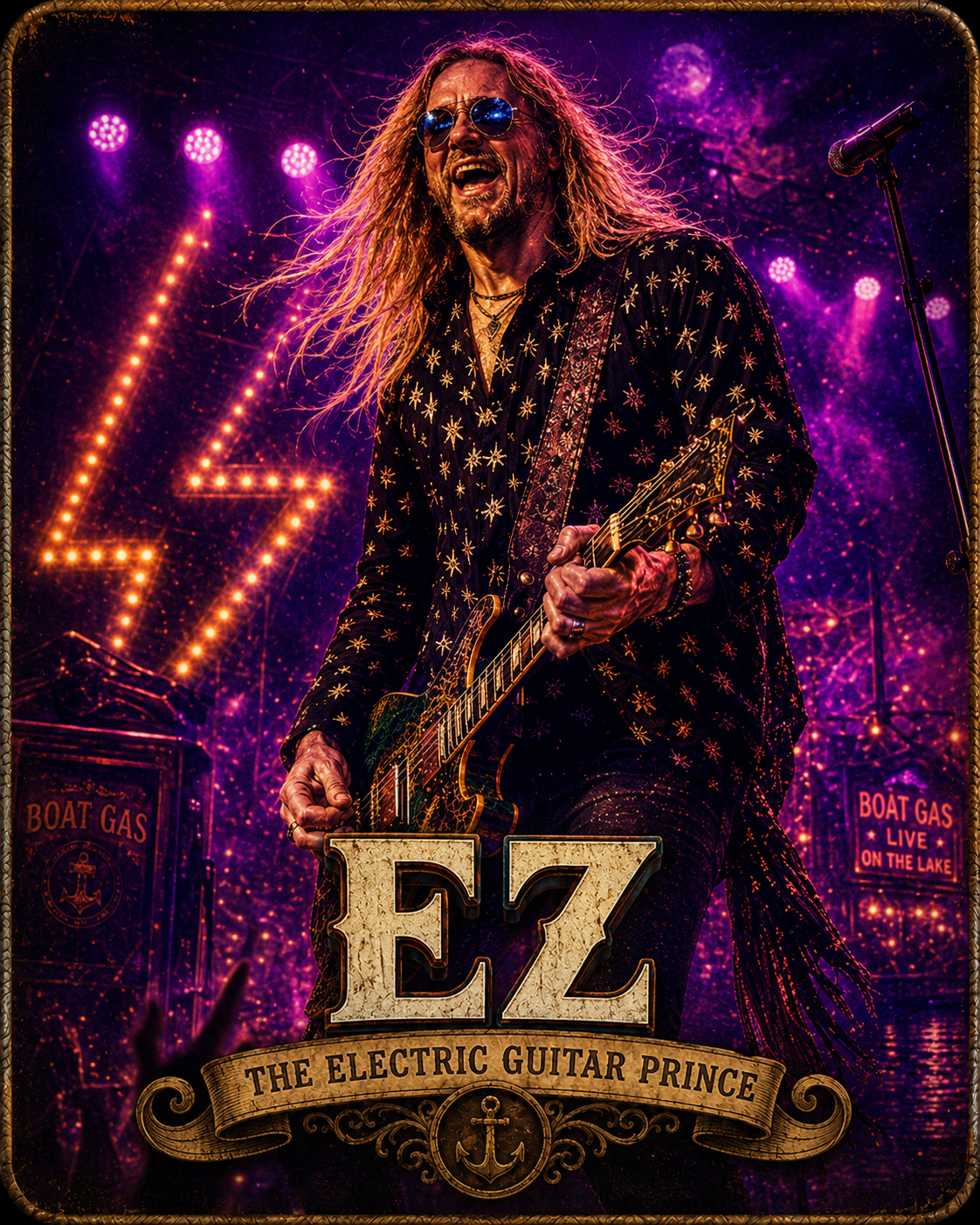 EZ, the Electric Guitar Prince, mid-shred under purple and gold stage lights with a BOAT GAS Live On The Lake marquee behind him.